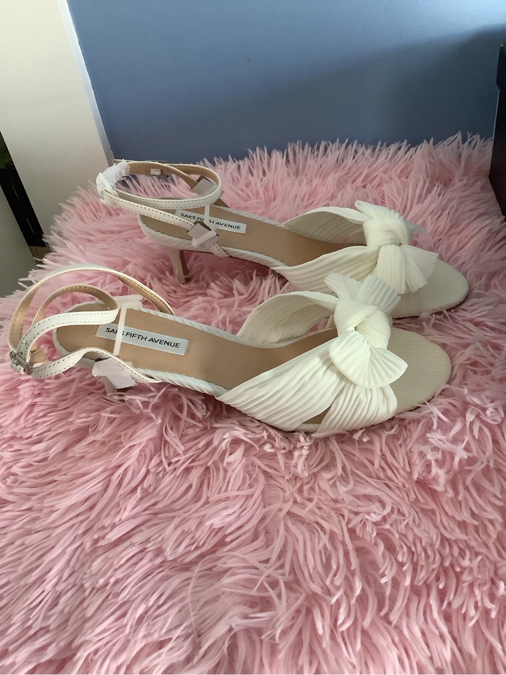 New Saks Fifth Avenue White Braided Ankle-Strap Heels With Ribbon Size 8.5
